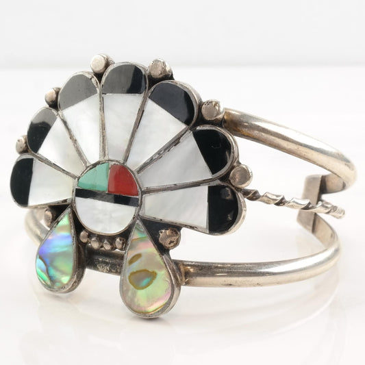 Native American Sterling Silver Cuff Bracelet | Gemstone Sun Inlay | Southwestern Jewelry