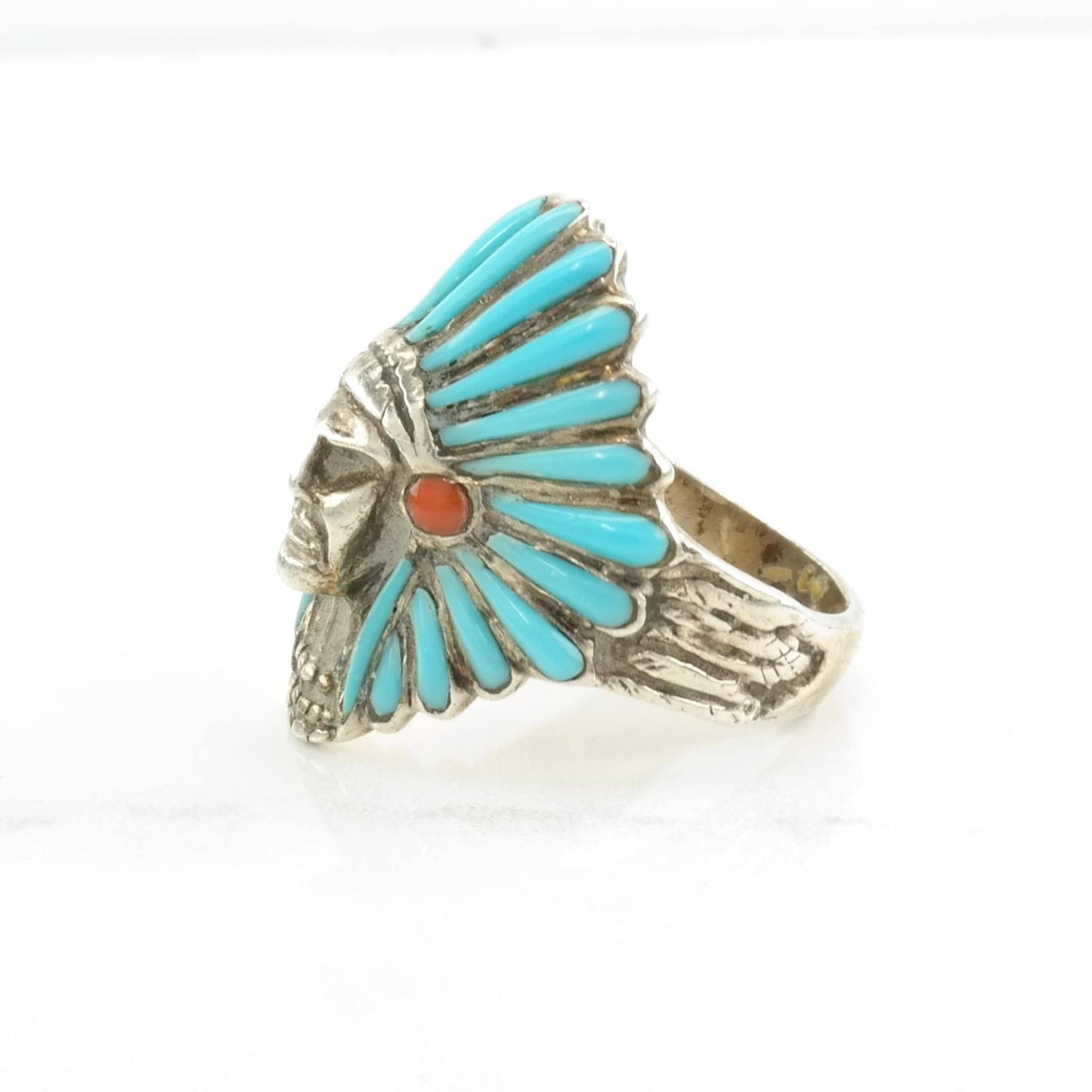 Biker Silver Ring Created Turquoise, Created Coral Headdress, Chief Sterling Blue, Red Size 11 3/4