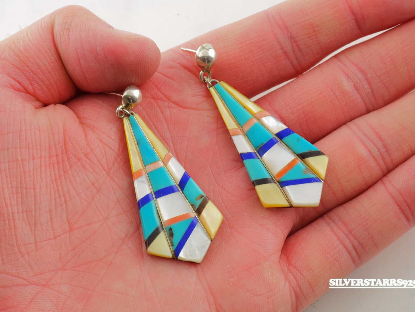 Sterling Silver Blue Yellow Turquoise Lapis Onyx Mother of Pearl Spiny Oyster Inlay Earrings