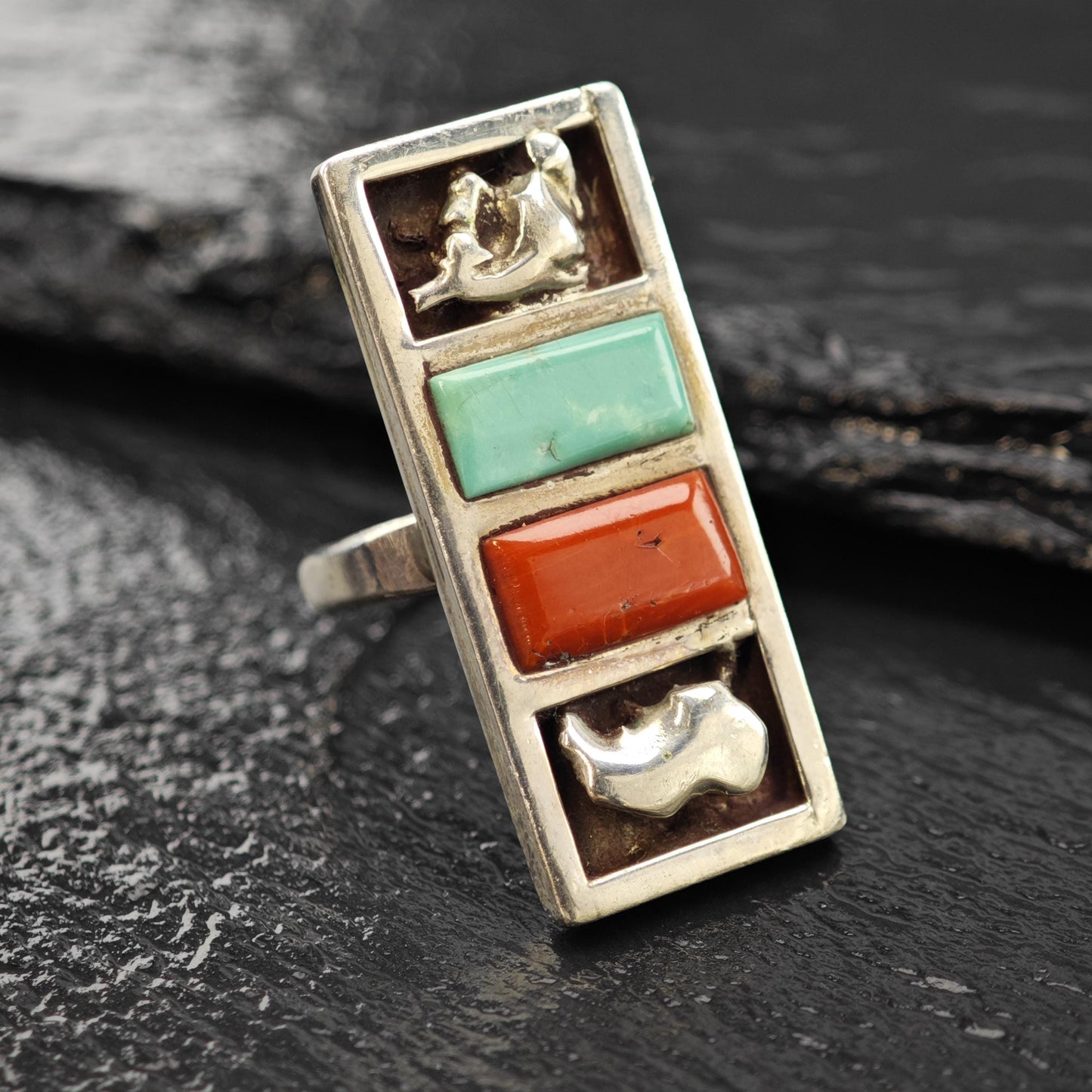 Zuni, Native American Turquoise, Coral Inlay Ring Sterling Silver Sz 6