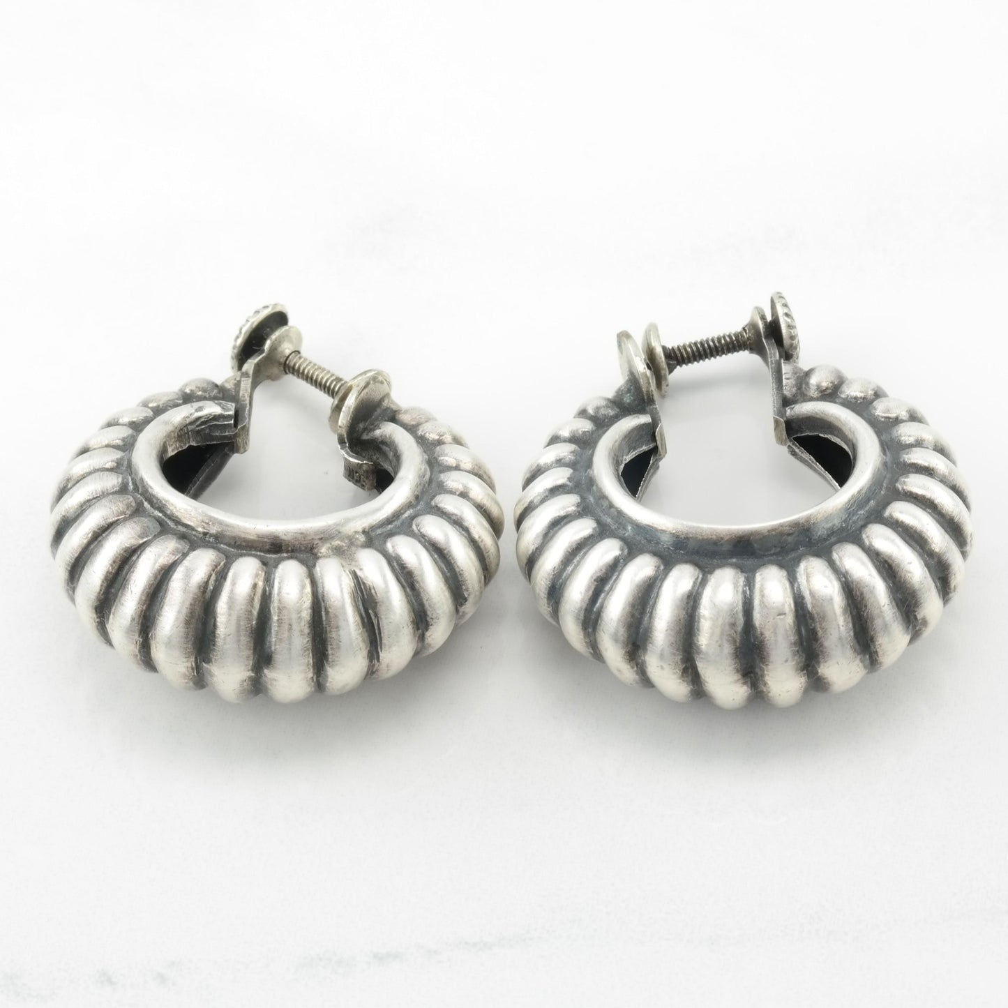 Vintage Taxco Oxidized Scalloped Screw Back Hoop Earrings Sterling Silver