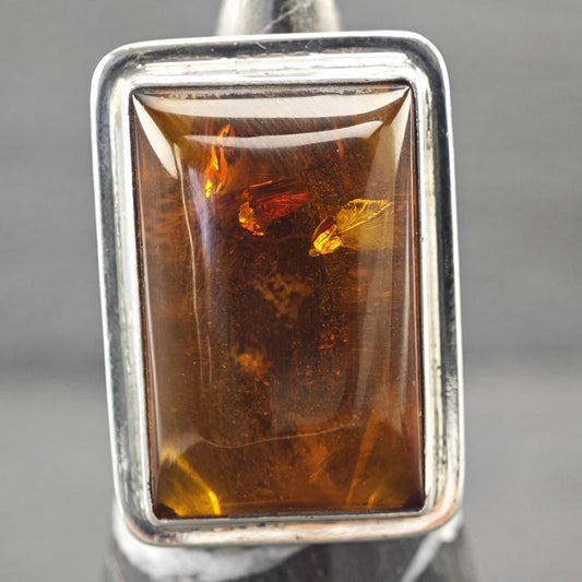 Large Rectangular Amber Ring Sterling Silver