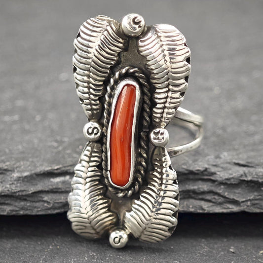 Native American Coral, Floral Ring Sterling Silver