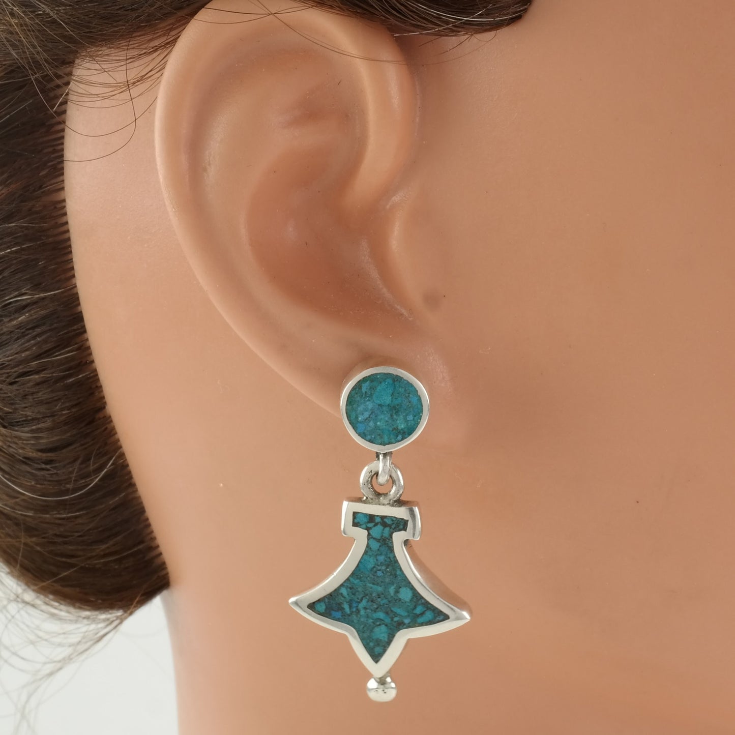 Vintage Sterling Silver Stud, Dangle Earrings Taxco Blue Turquoise Inlay