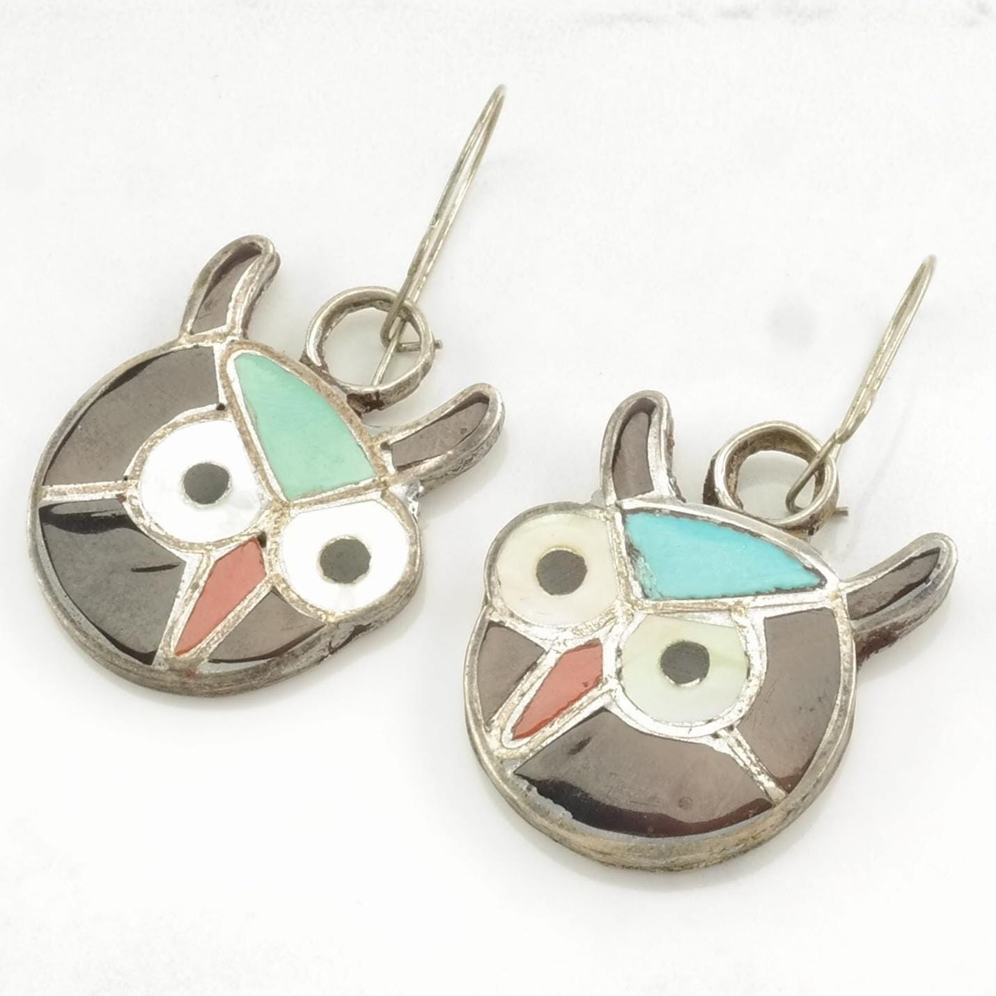 Zuni, Native American Owl Inlay Turquoise Sterling Silver Fish Hook Earrings