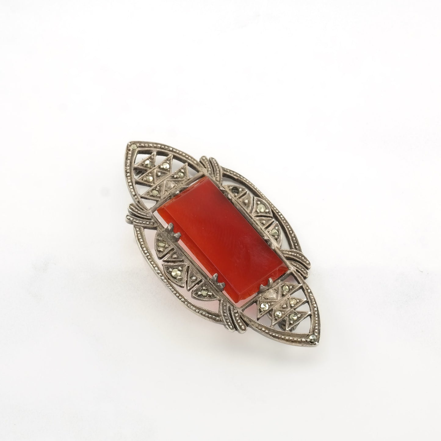 Art Deco Sterling Silver Brooch Carnelian Marcasite