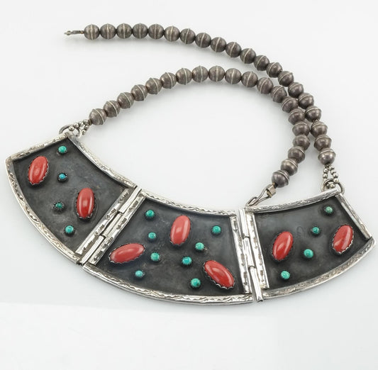 Native American Sterling Silver Turquoise Coral Plaque Cluster Necklace