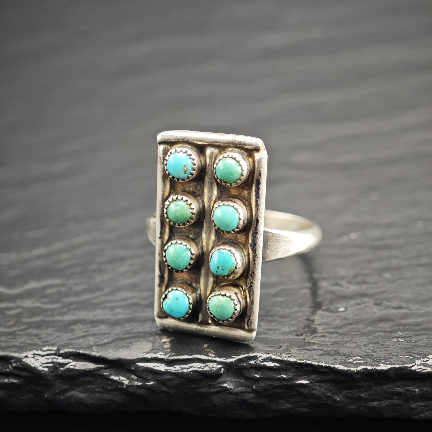Vintage Zuni Petit Point Turquoise Rectangular Sterling Silver Ring Sz 7 3/4 R6644