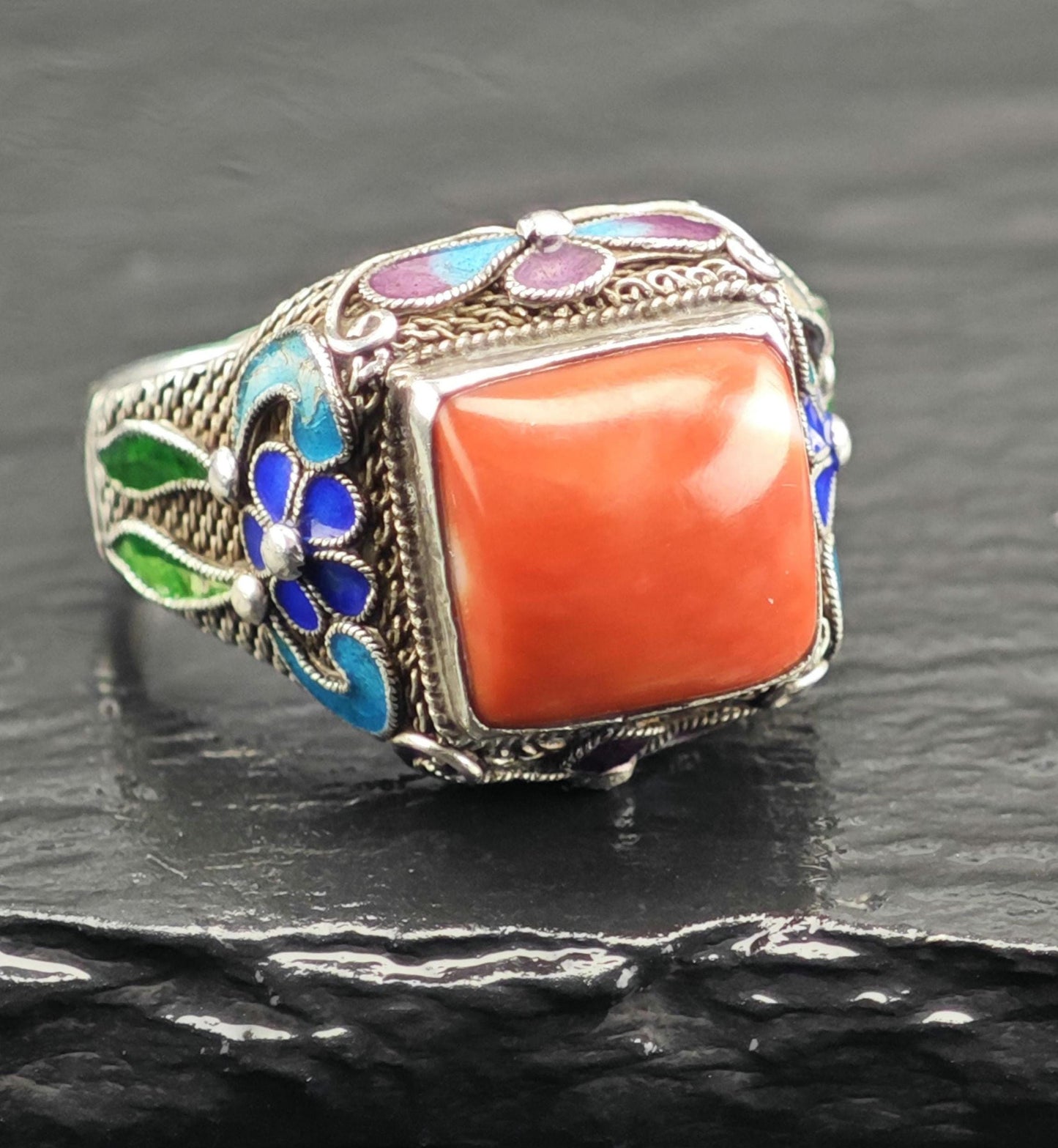 Chinese Export Enamel & Coral Sterling Silver Ring Sz 8 R6721