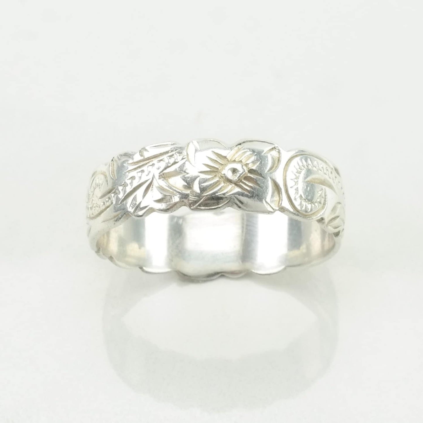 Sterling Silver Ring Engraved Floral, Western, Band Size 8 3/4