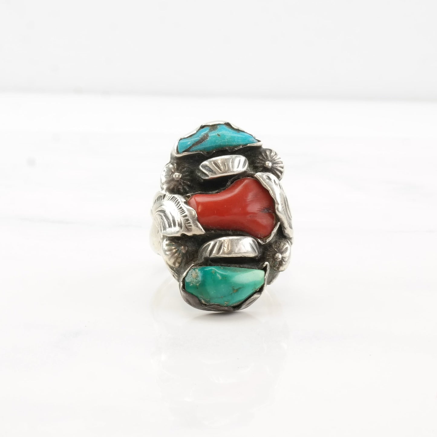 Dan Simplicio Silver Ring Coral Turquoise Leaf Sterling Size 10 3/4