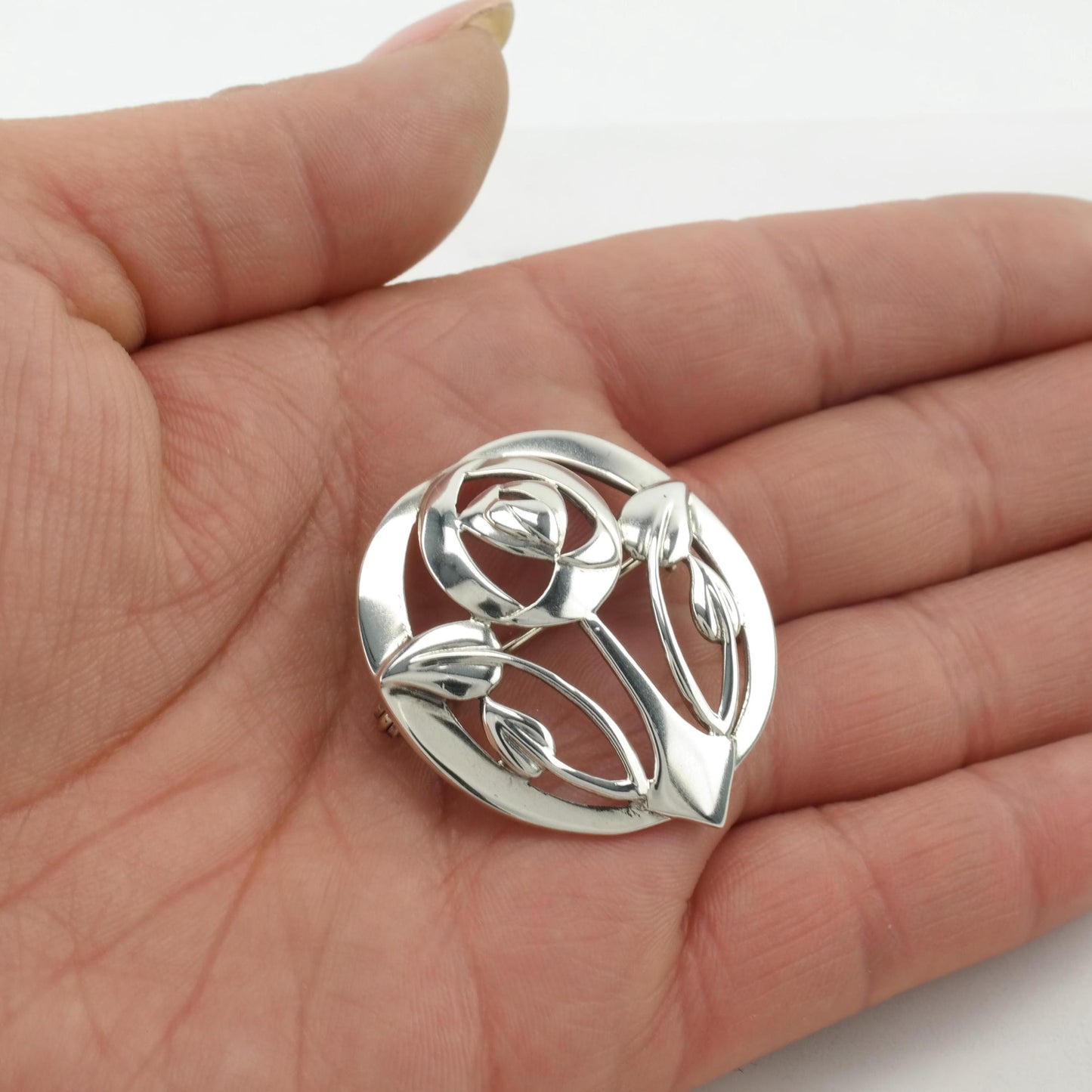 Art Nouveau Style Floral Brooch Sterling Silver