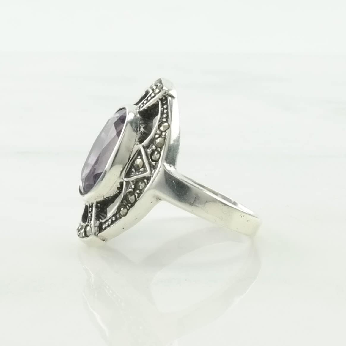 Sterling Silver Ring Amethyst, Marcasite Art Deco Style Purple Size 6 1/2