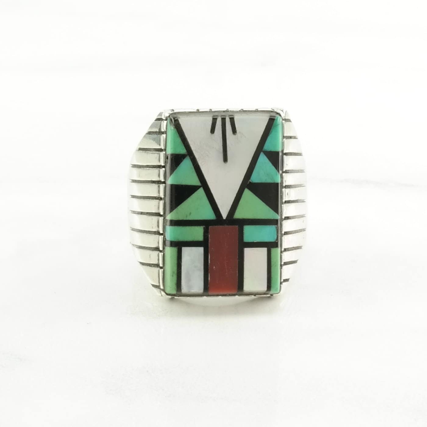 Native American Silver Ring Turquoise, Coral, MOP, Onyx Inlay Sterling Size 11 3/4