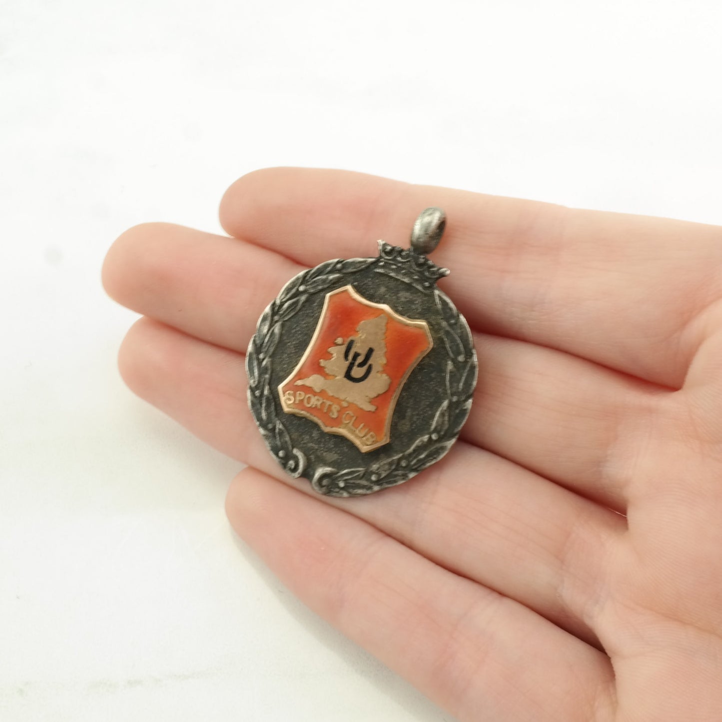 Vintage 1929, Soccer Medal United Dairies Football League Enamel Sterling Silver Pendant