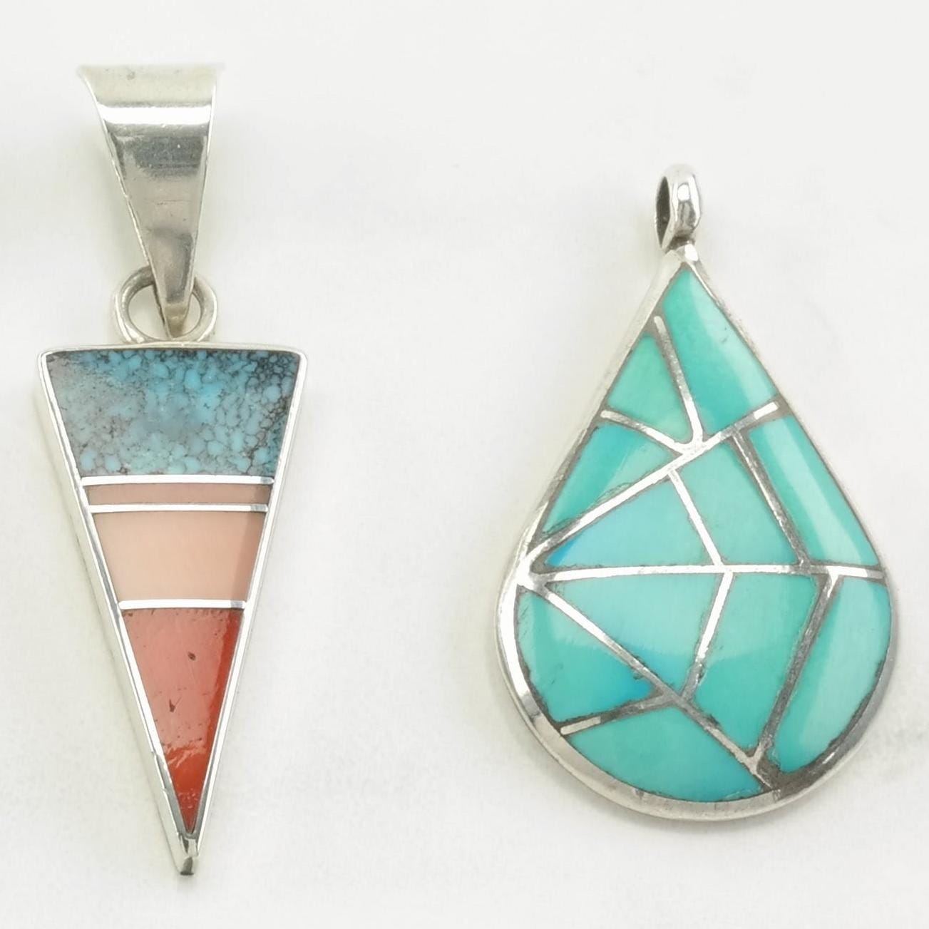 Vintage Native American Turquoise, Multi Gem Inlay Sterling Silver Pendant