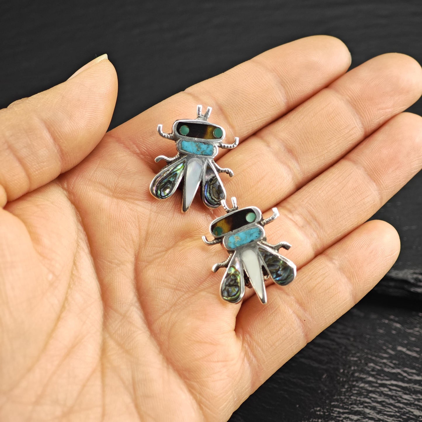 Vintage SW Inlay Bee Clip On Sterling Silver Earrings ER3106