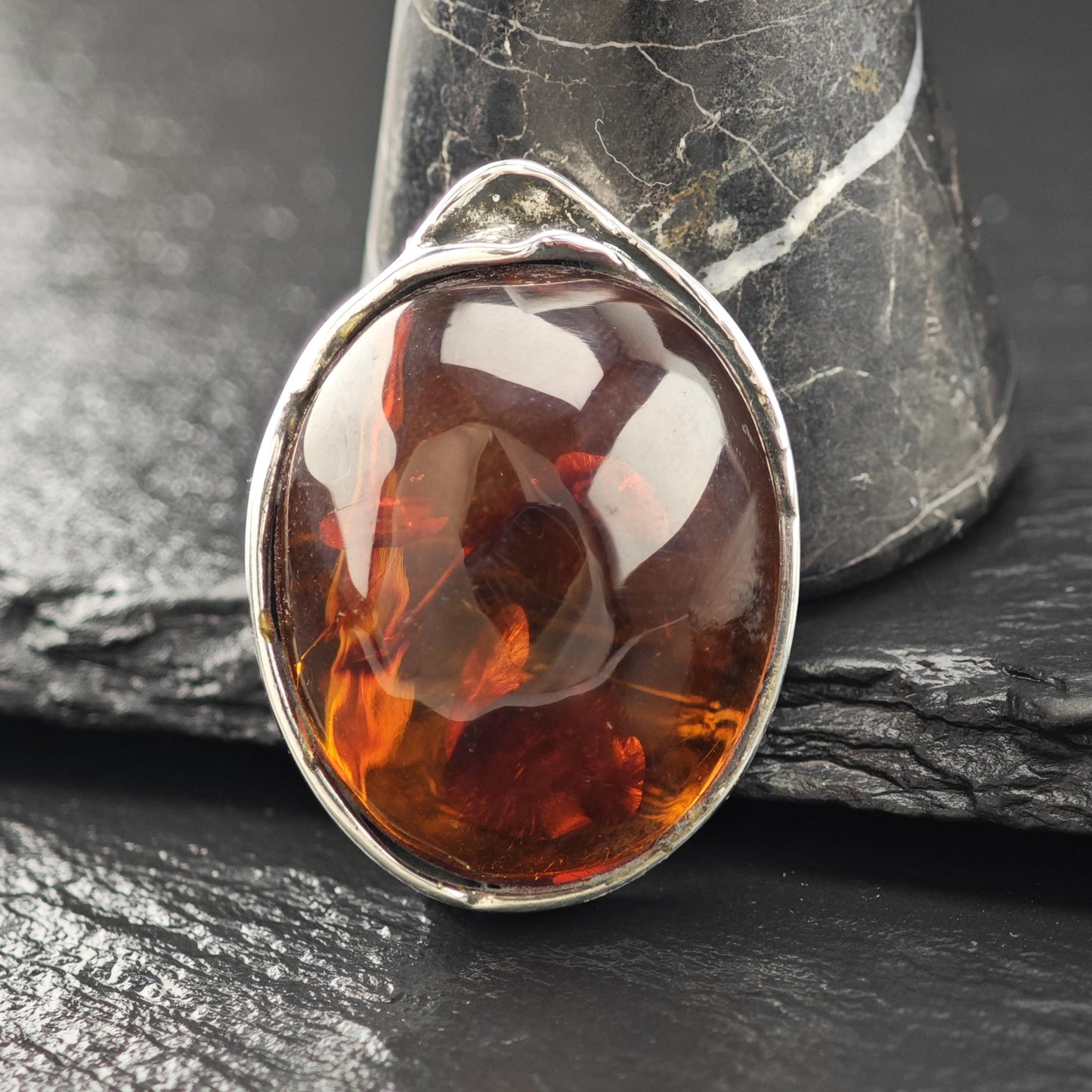 Vintage European Sterling Silver Brooch Oval Orange Natural Amber