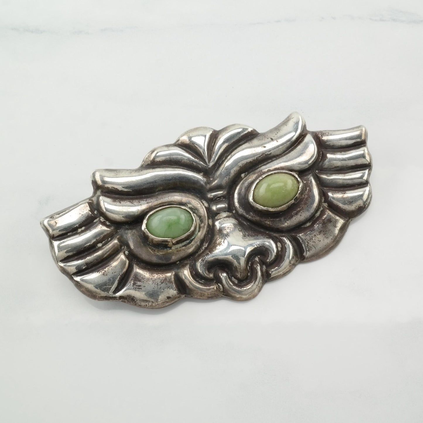 Large Taxco Ghoul Face Brooch Sterling Silver Green Peruvian Jade