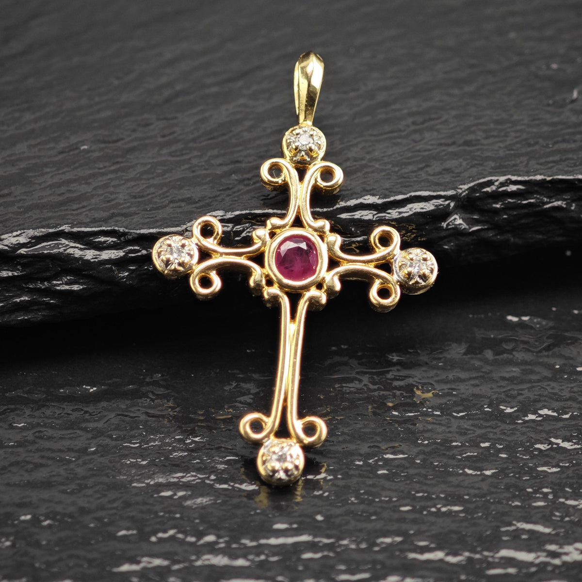 Natural Ruby Diamonds 14K Gold Cross Pendant P3103