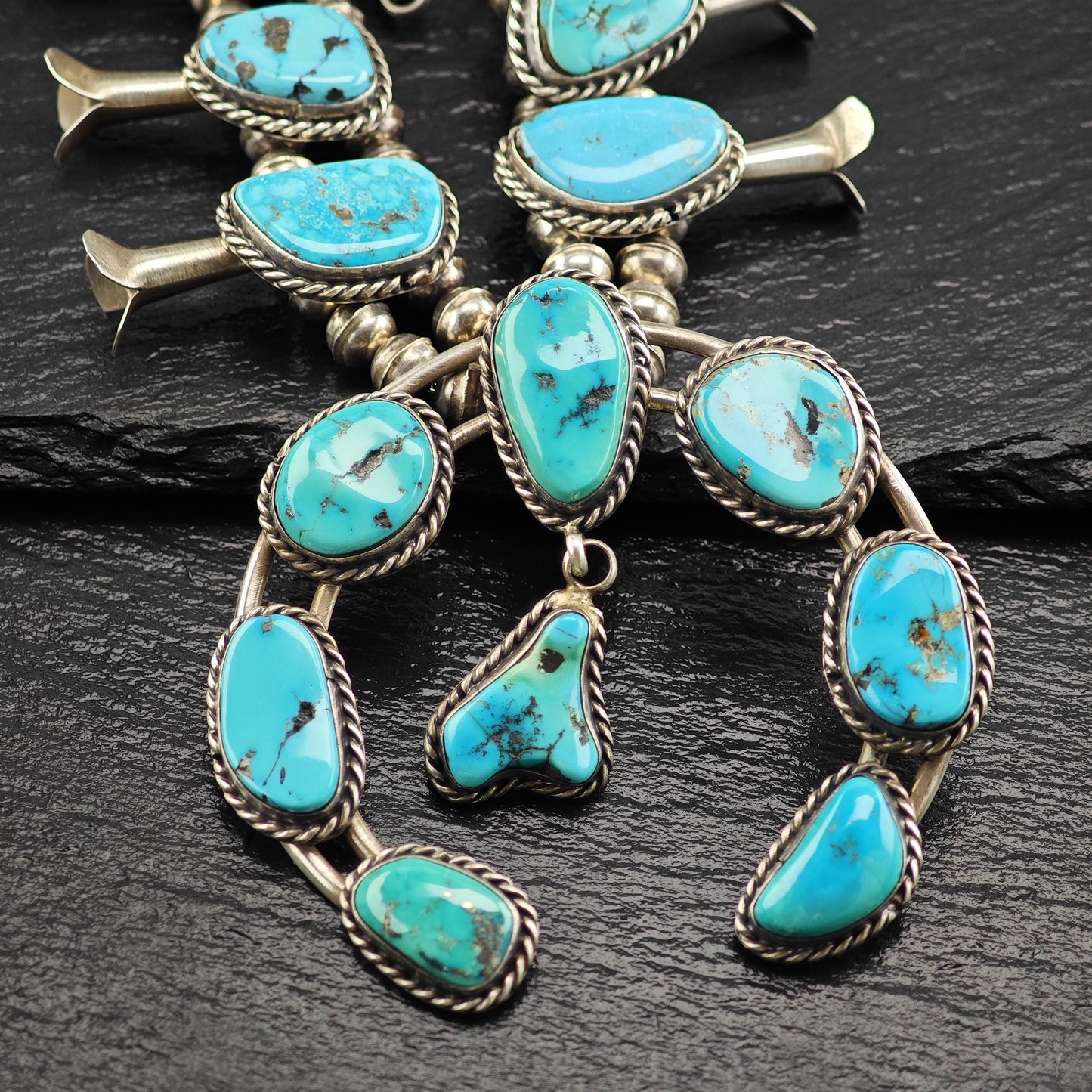 Native American Sleeping Beauty Turquoise Squash Blossom Necklace in Sterling Silver
