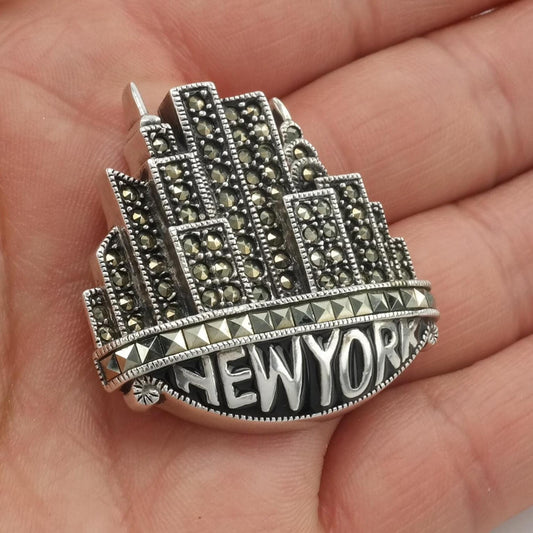 Judith Jack New York Brooch Sterling Silver Skyline Enamel Marcasite