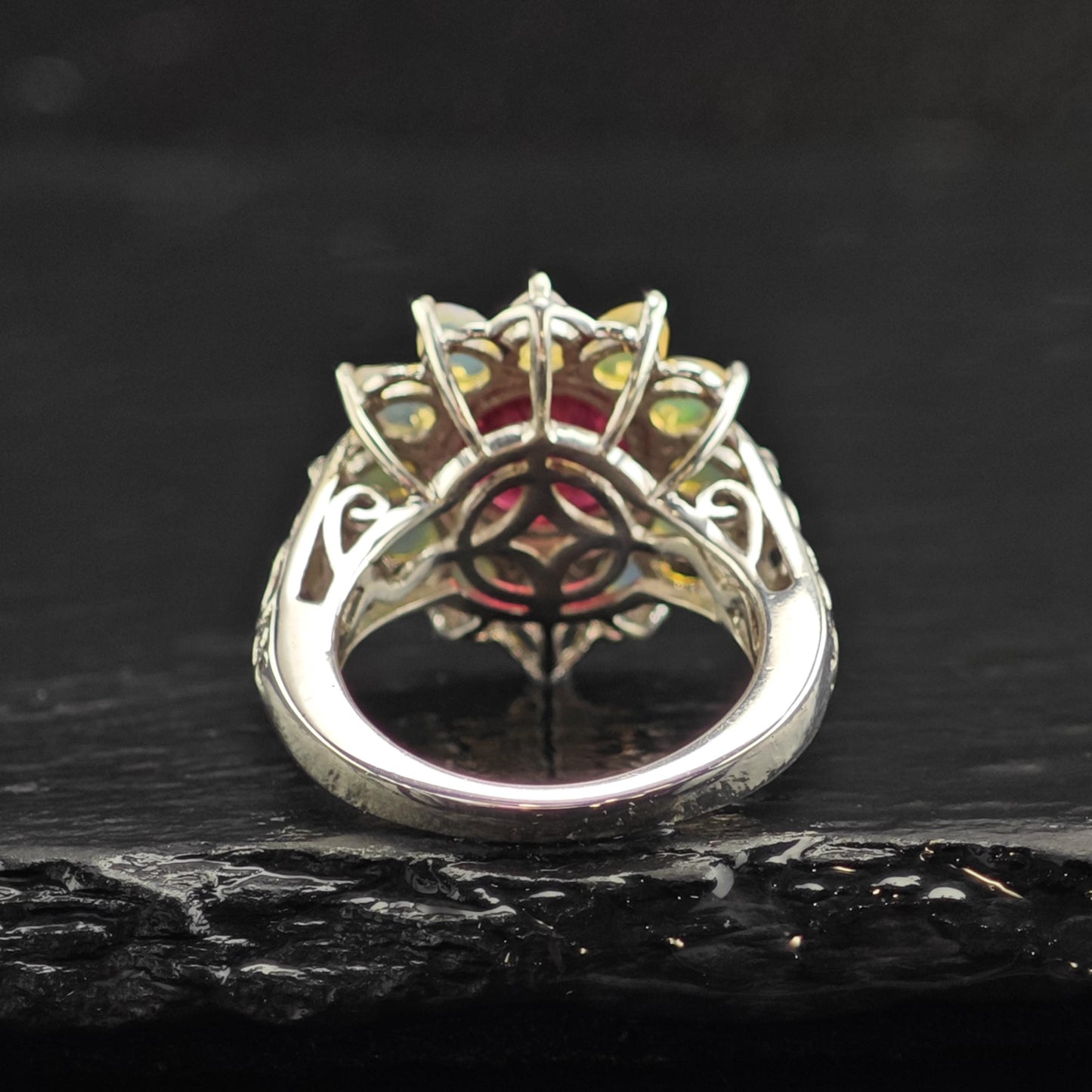 Opal LGF Ruby Flower Design Sterling Silver Ring Sz 5 1/4 R6563