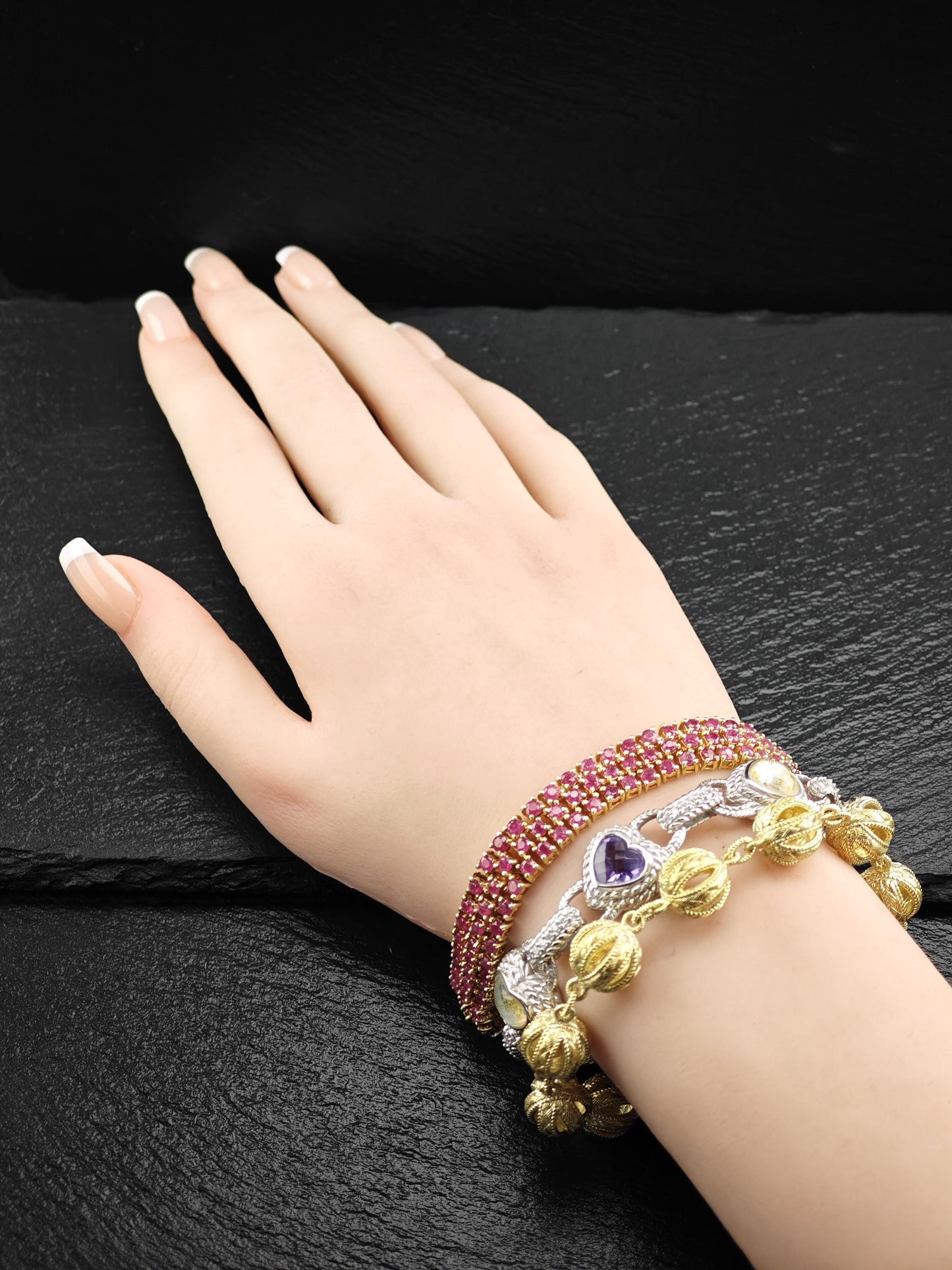 Gold Plated Lead Glass Filled Ruby Three Row Line Bracelet Sterling Silver