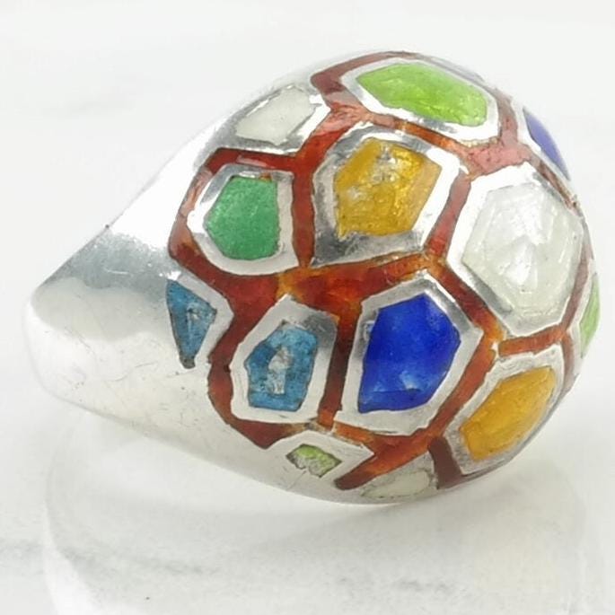 Vintage Sterling Silver Ring Enamel Honeycomb Size 7