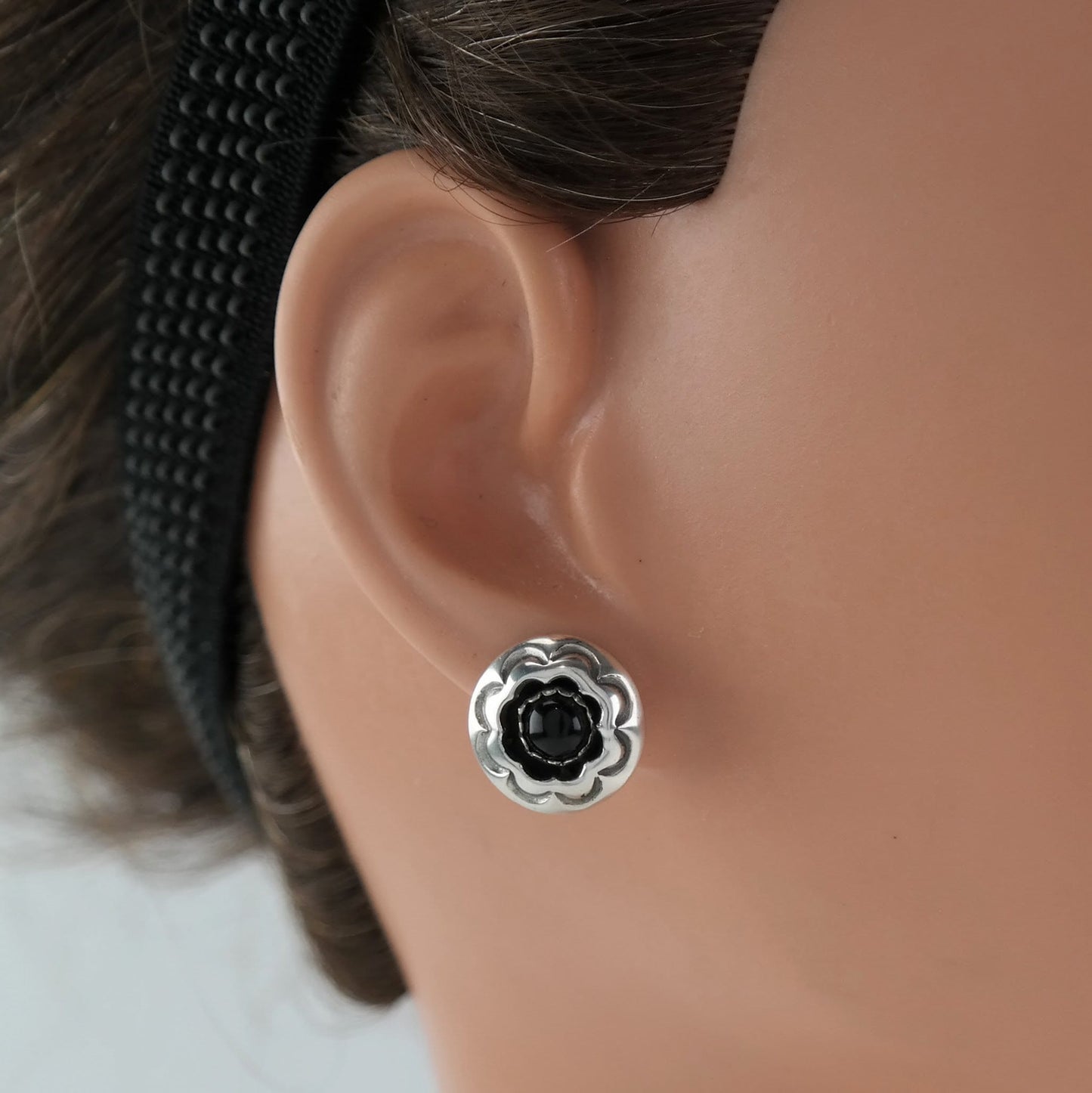 Southwest Sterling Silver Black Onyx Floral Earrings Stud