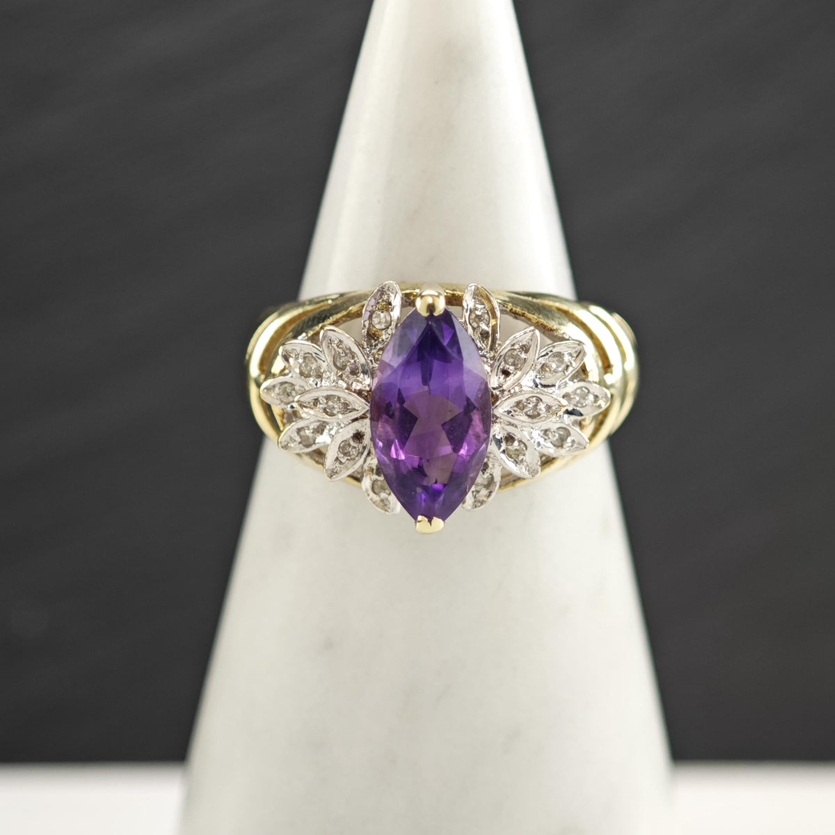 Marquis Amethyst & Diamond 10K Gold Ring Sz 7 1/2 R6771