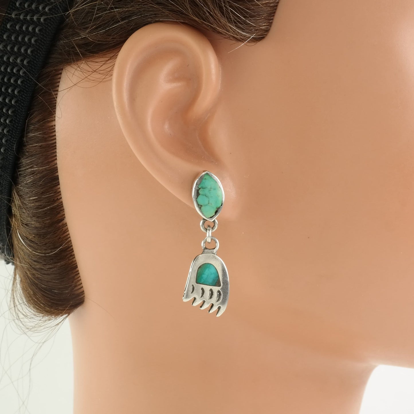 Native American Sterling Silver Blue Turquoise Inlay, Bear Paw Earrings Stud/dangle