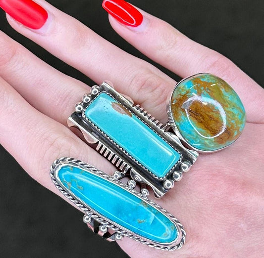 Vintage Navajo Turquoise Ring, Size 8 1/2, Sterling Silver, Blue Turquoise Shadowbox, Signed, Circa 1980s