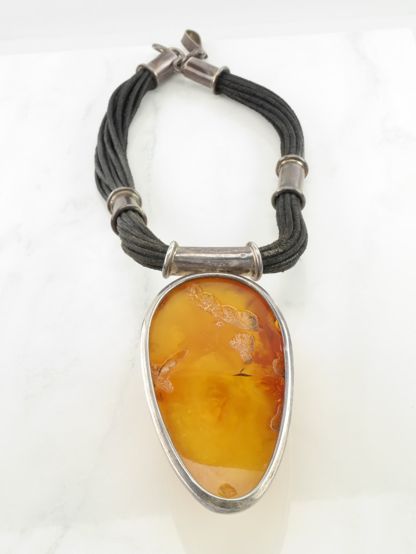Vintage Enormous Natural Baltic Amber Pendant Duo Tone Leather Cord Sterling Silver Necklace