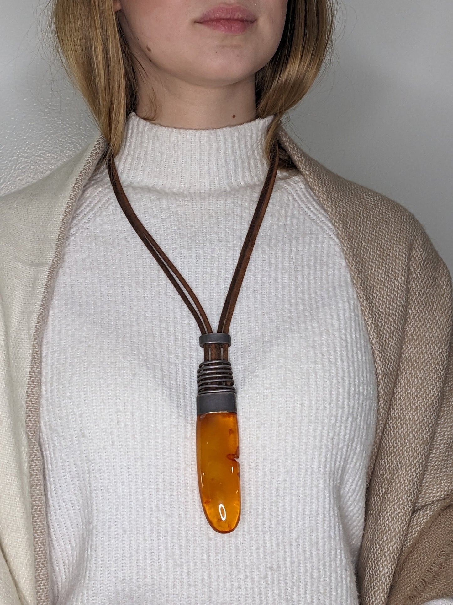 Vintage Boho Orange Natural Baltic Amber Duo Tone Leather Sterling Silver Necklace