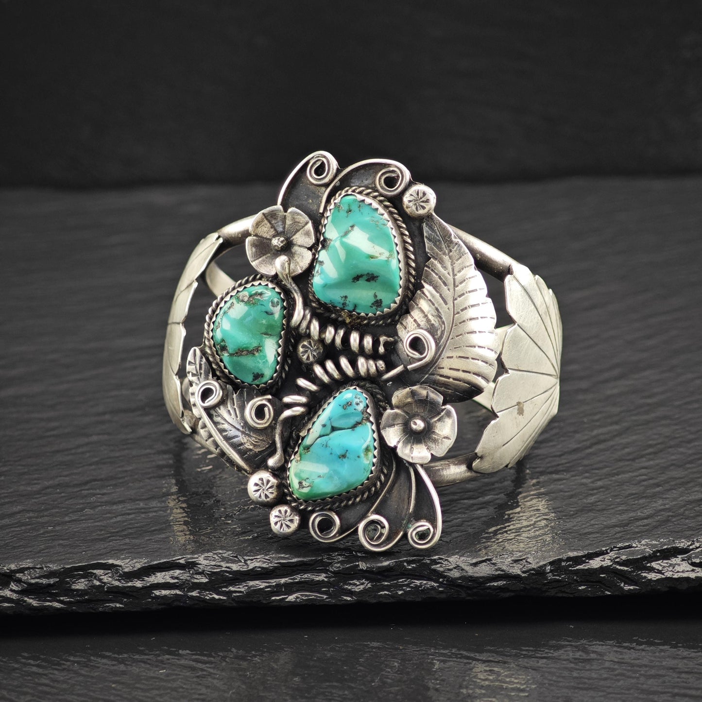 Native American Blue Turquoise Floral Cuff Bracelet Sterling Silver