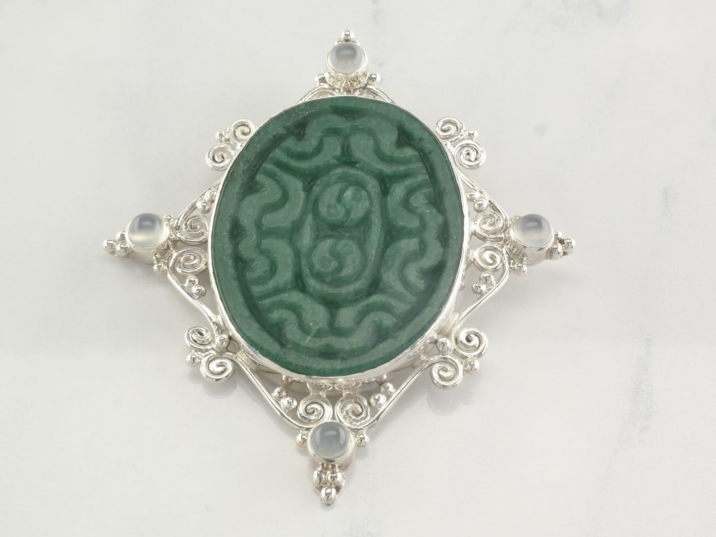 Vintage Sajen Carved Jade Pendant, Brooch Sterling Silver Green