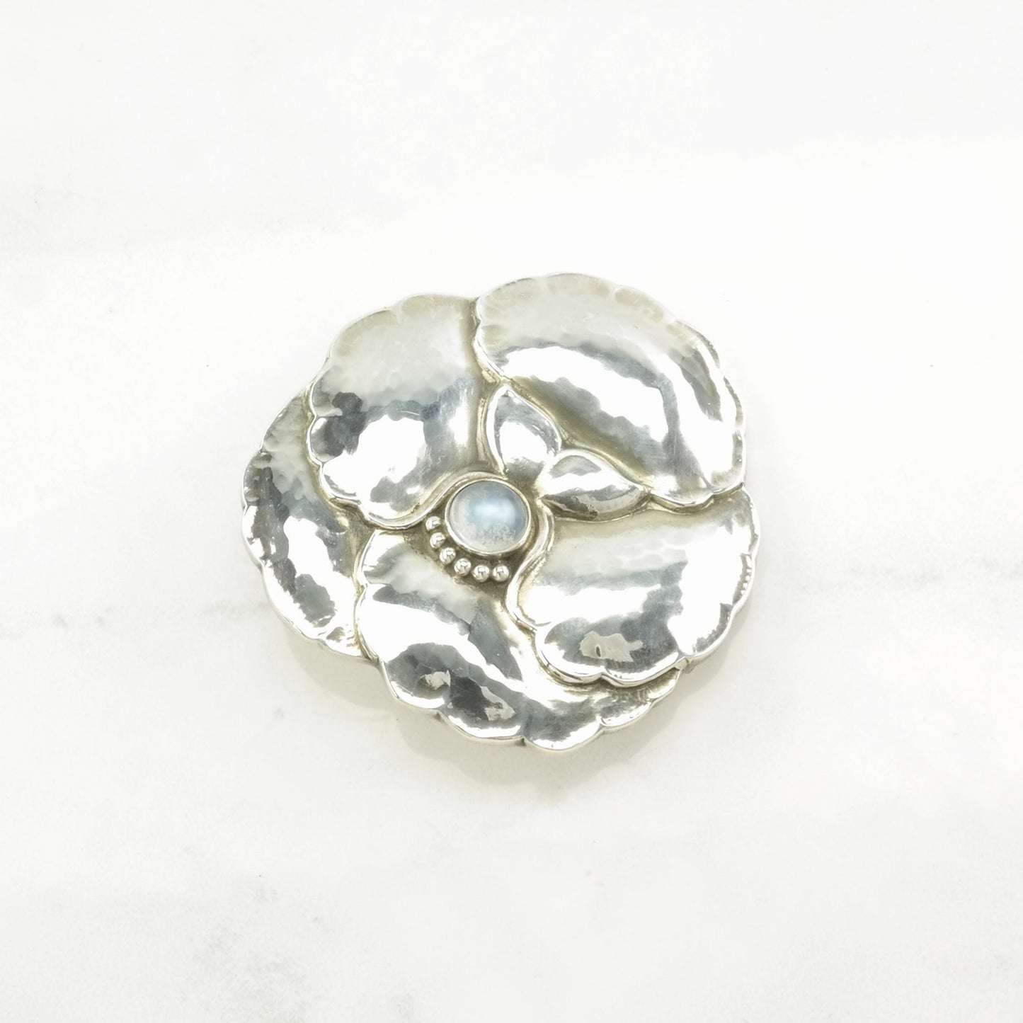 Vintage Georg Jensen Sterling Silver Brooch 113, Pansy Moonstone, Floral