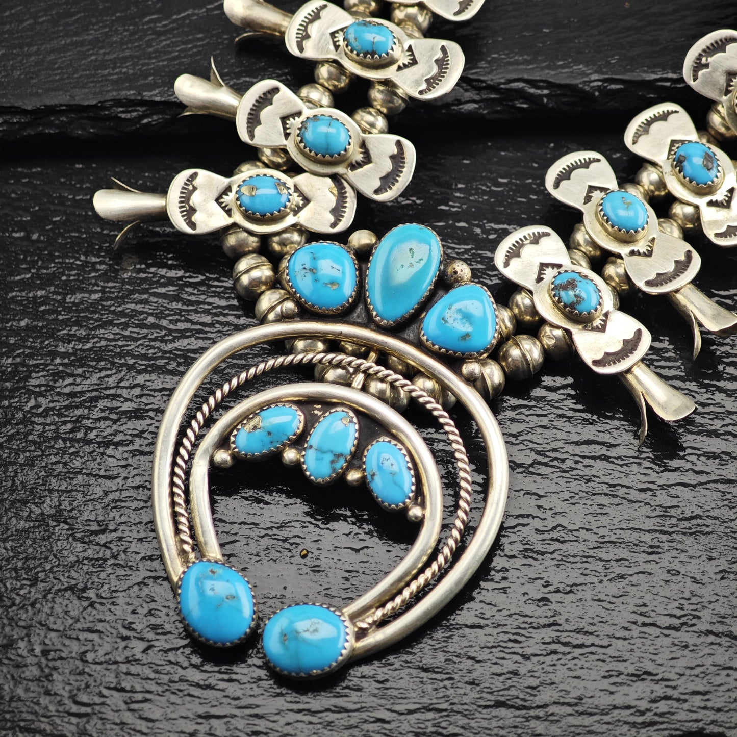 Vintage Navajo, Native American Turquoise Sterling Silver Squash Blossom Necklace N2766