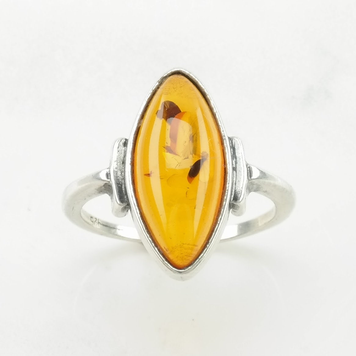 Navette Amber Silver Ring Sterling Orange