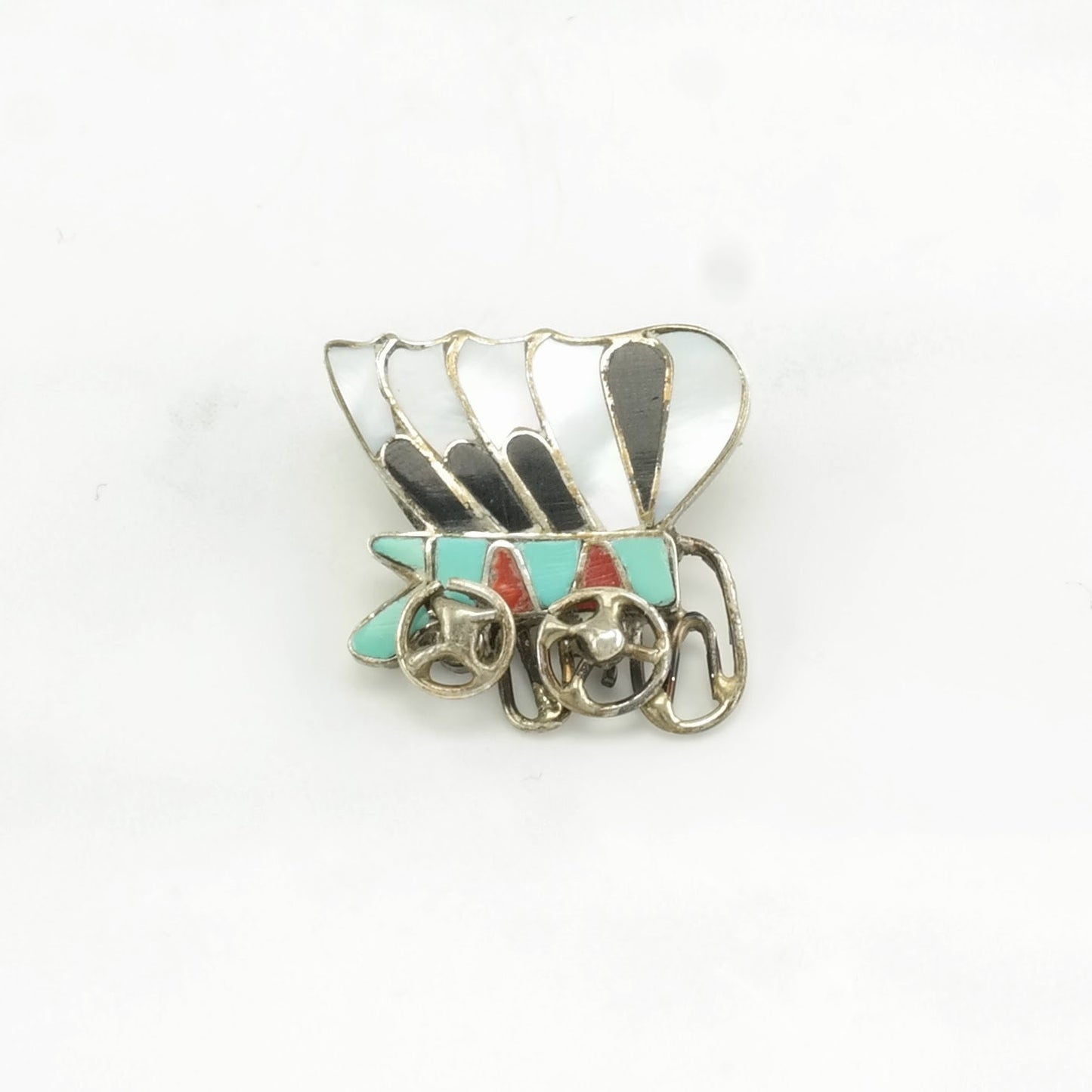 Vintage Zuni Sterling Silver Brooch Inlay, Wagon, Articulated Wheels MOP, Onyx, Turquoise