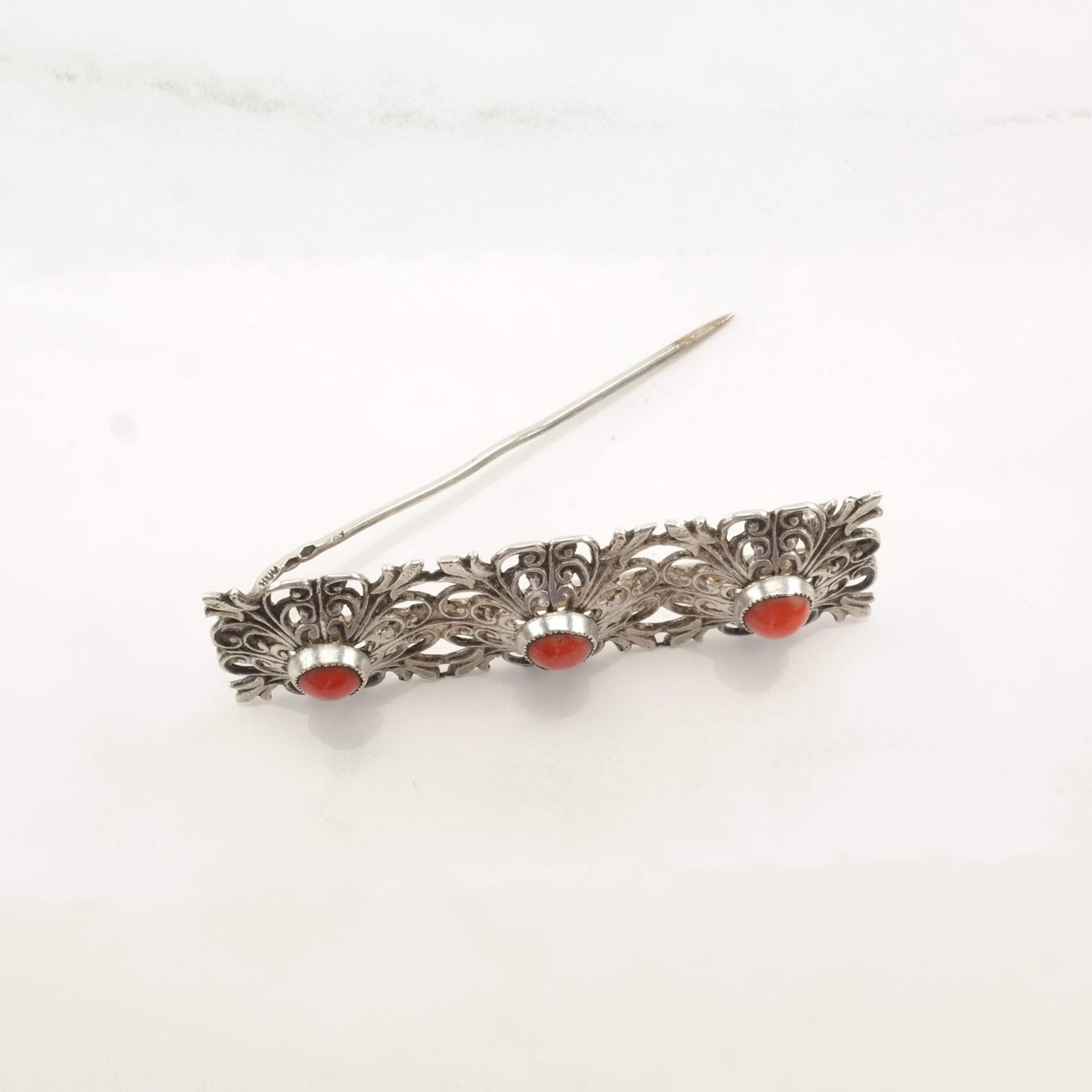 Italian Sterling Silver Brooch Filigree Coral