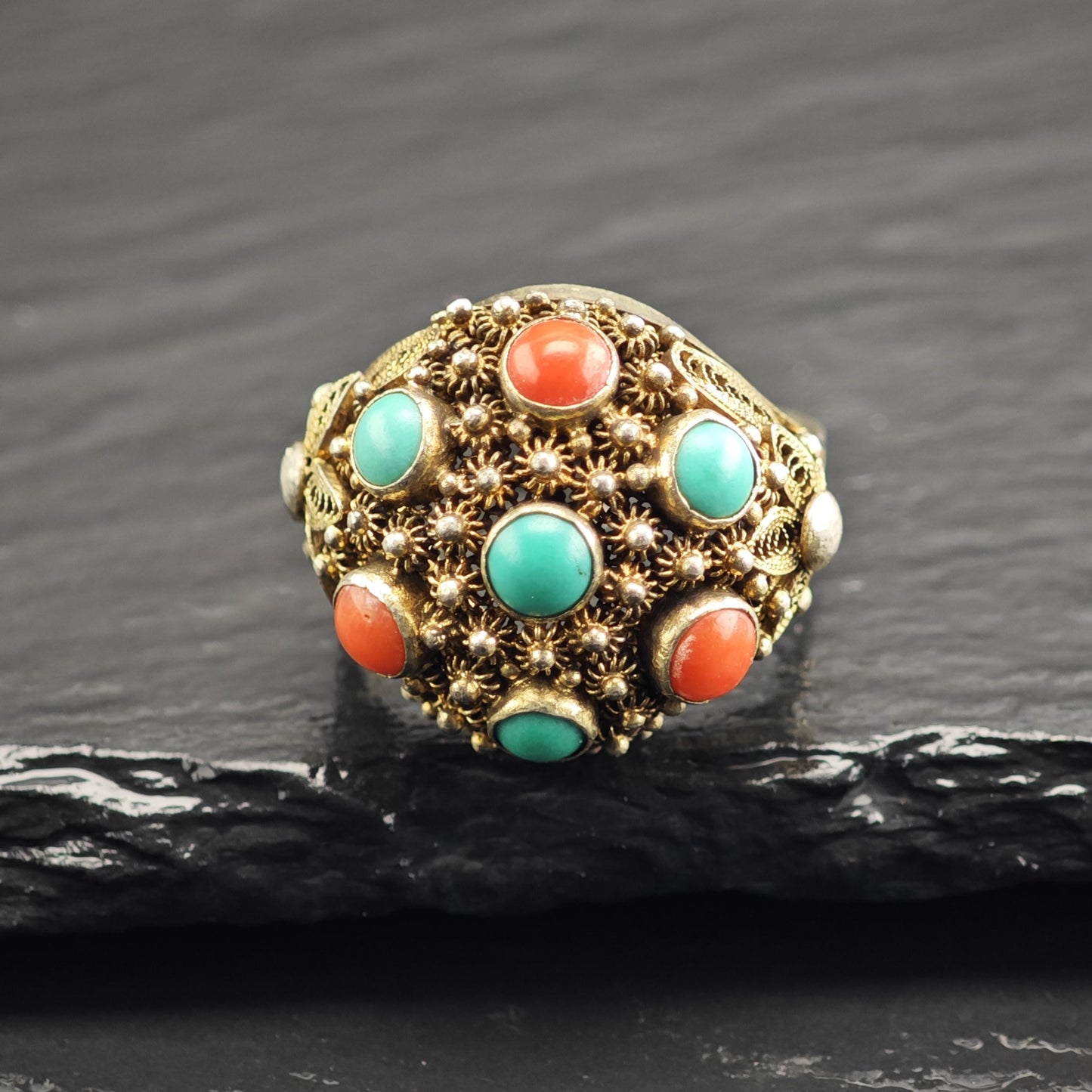 Chinese Export Turquoise & Coral Gold Gilded Ring Sterling Silver Sz 8 1/4 R6618