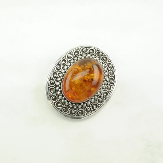 Orange Silver Brooch Pendant Filigree Amber Sterling