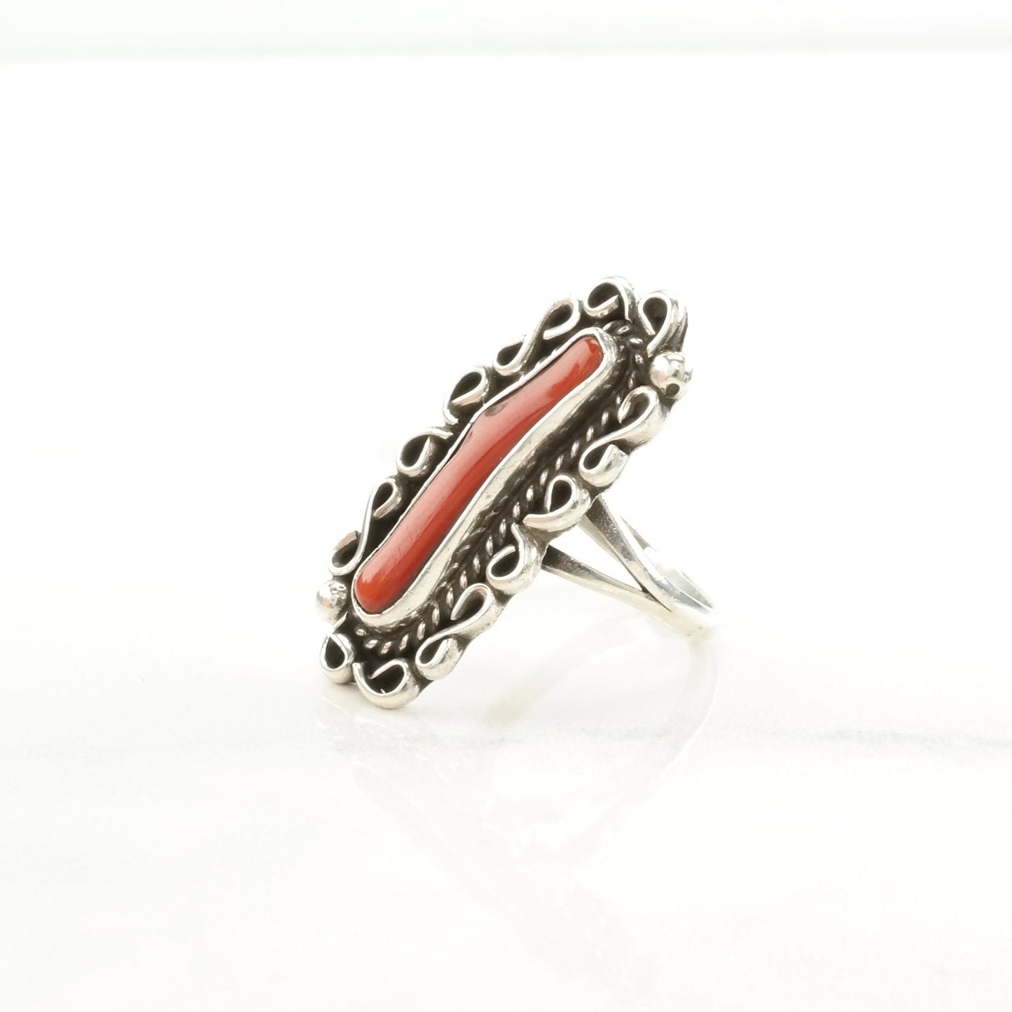 Native American Silver Ring Coral Navette Sterling Red Size 7 3/4