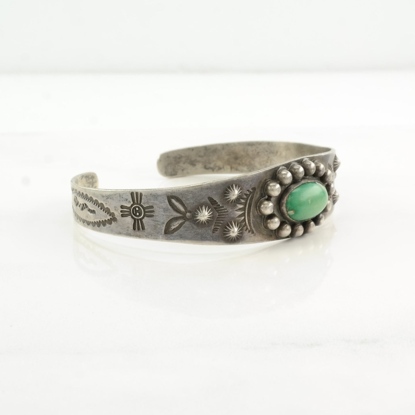 Fred Harvey Era Sterling Silver Cuff Bracelet Green Cerrillos, Turquoise Stamped