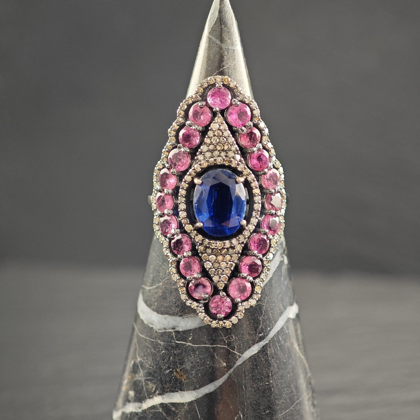 Oxidized Diamond, Sapphire, Tourmaline Ring Sterling Silver R5800