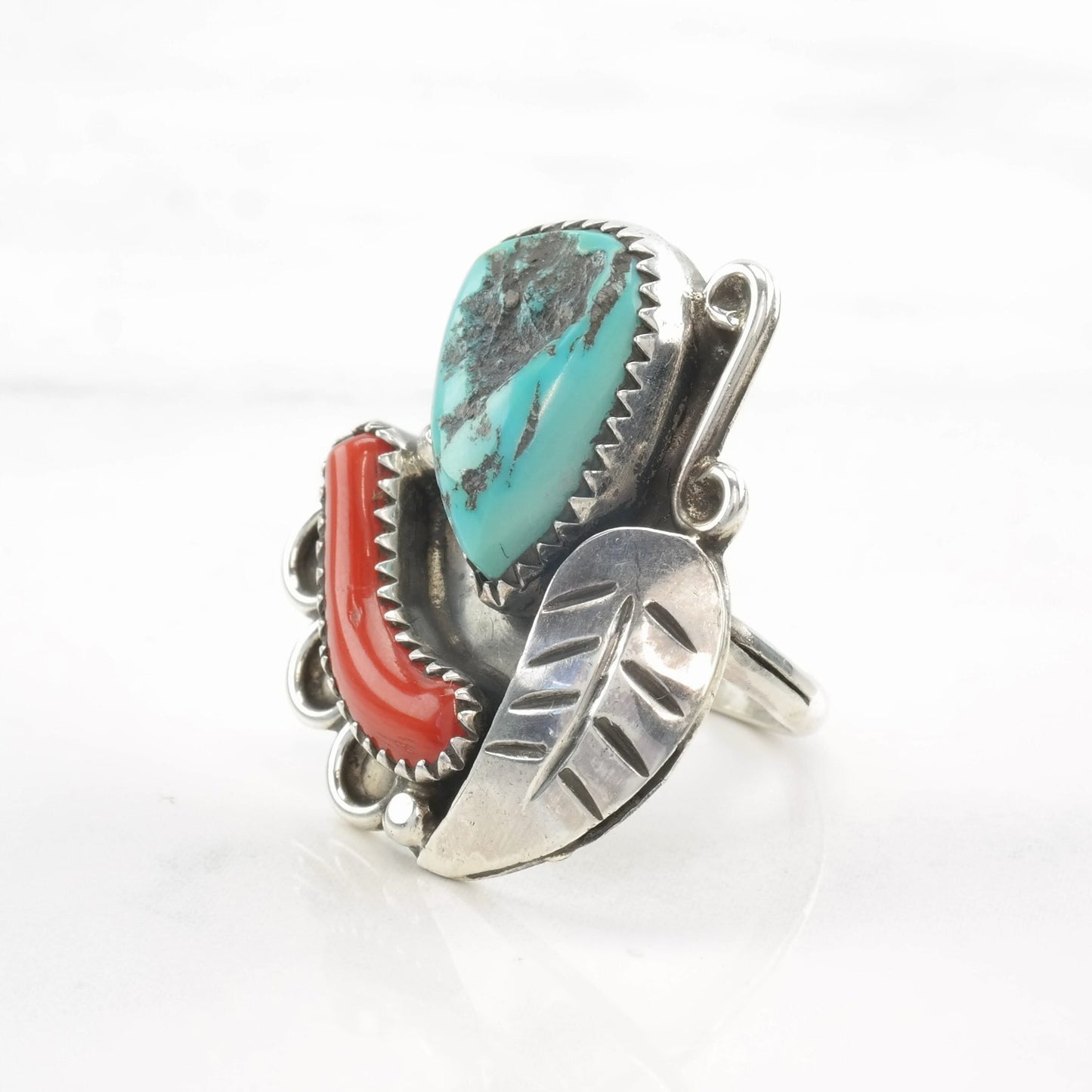 Native American Ring Turquoise, Coral Feather Sterling Silver Size 5 1/2