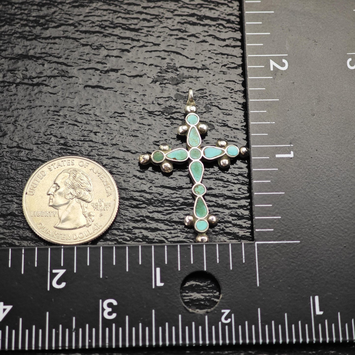 Vintage Zuni Inlay Turquoise Cross Pendant Sterling Silver P3033