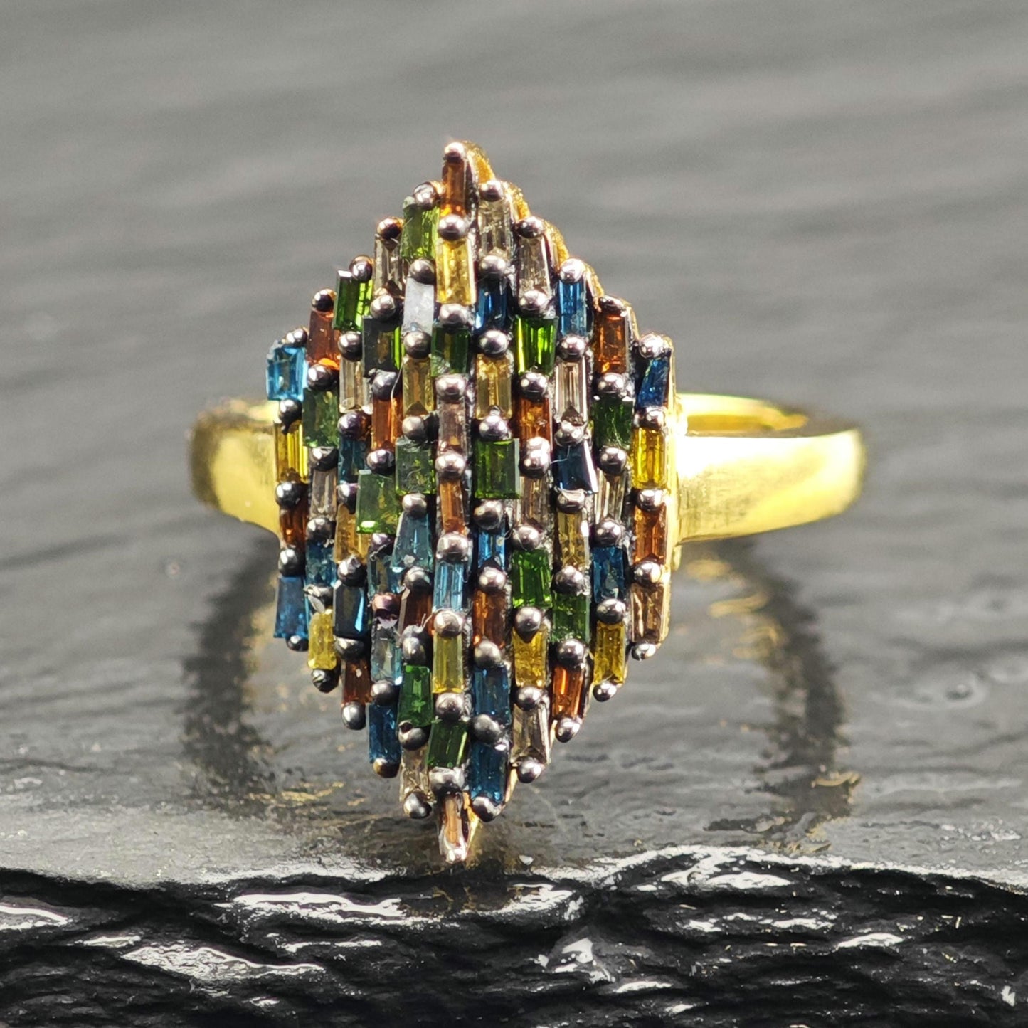 Color Diamond Marquis Shape Gold Plated Sterling Silver Ring Sz 6 R6610